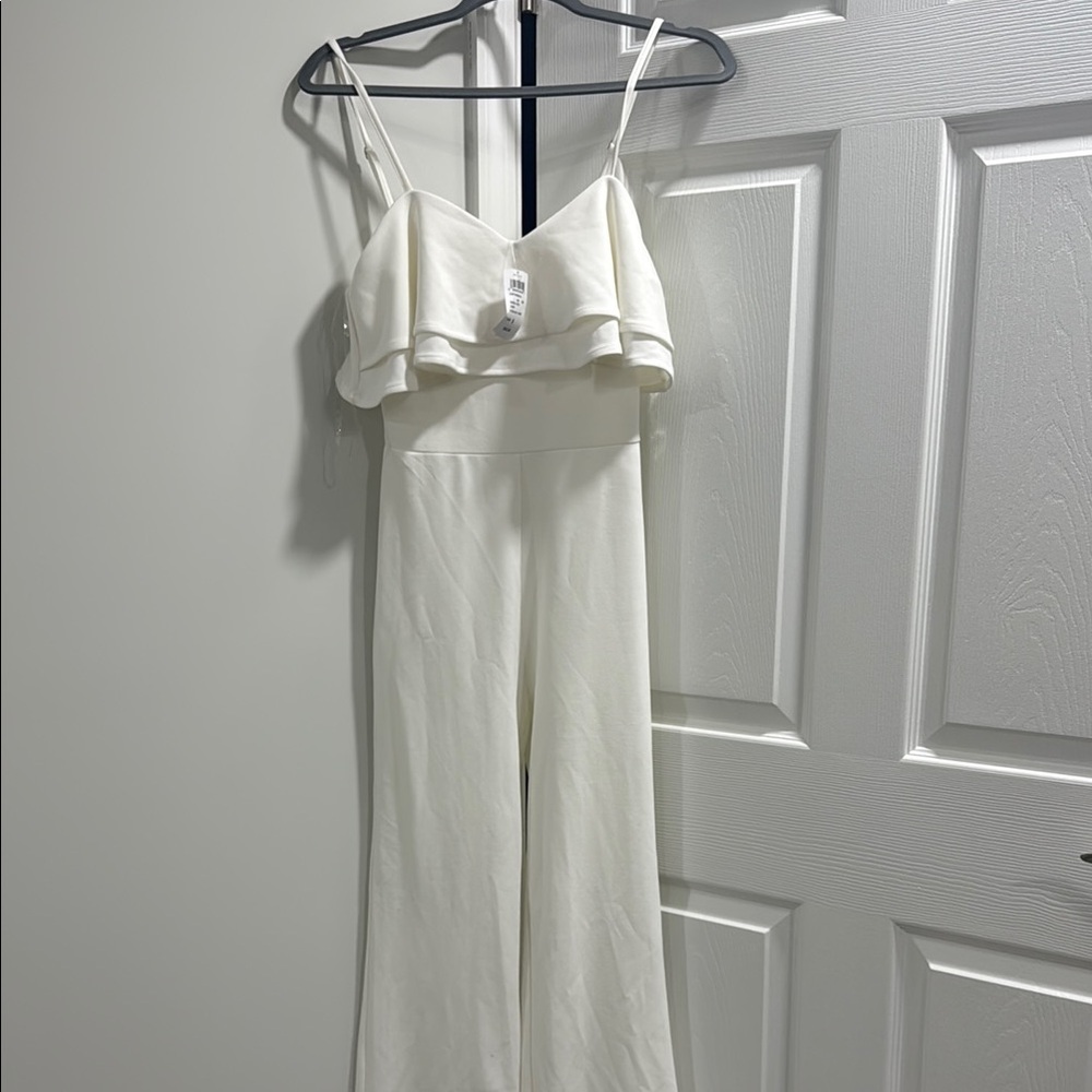 Windsor White Ruffled Jumpsuit with Wide-Leg Pants